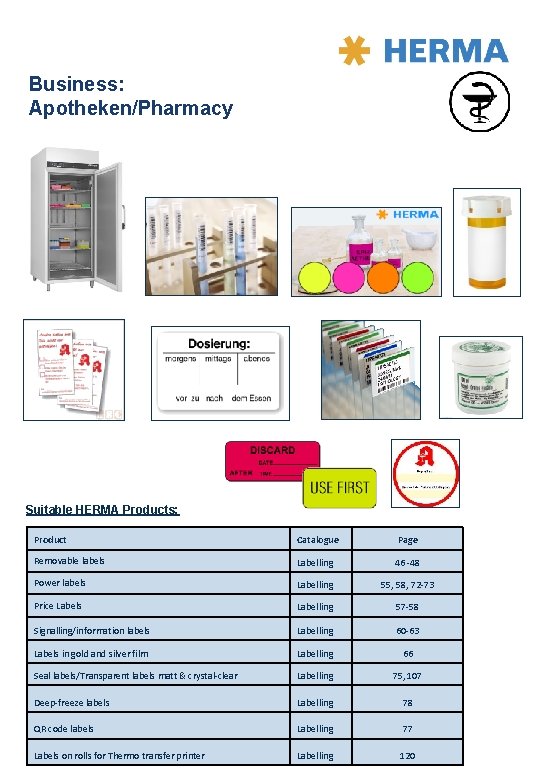 Business: Apotheken/Pharmacy Suitable HERMA Products: Product Catalogue Page Removable labels Labelling 46 -48 Power