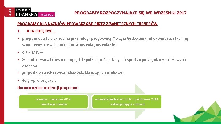 PROGRAMY ROZPOCZYNAJĄCE SIĘ WE WRZEŚNIU 2017 PROGRAMY DLA UCZNIÓW PROWADZONE PRZEZ ZEWNĘTRZNYCH TRENERÓW 1.