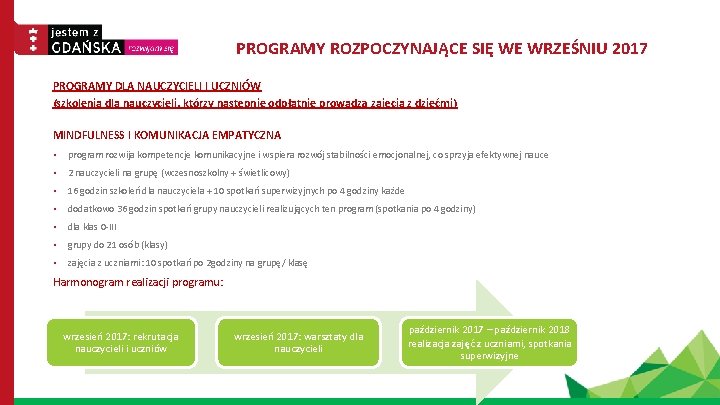 PROGRAMY ROZPOCZYNAJĄCE SIĘ WE WRZEŚNIU 2017 PROGRAMY DLA NAUCZYCIELI I UCZNIÓW (szkolenia dla nauczycieli,