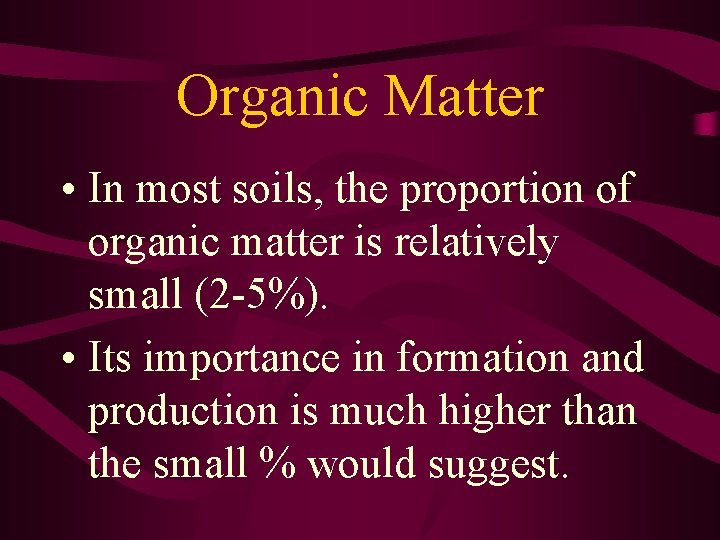 Organic Matter • In most soils, the proportion of organic matter is relatively small