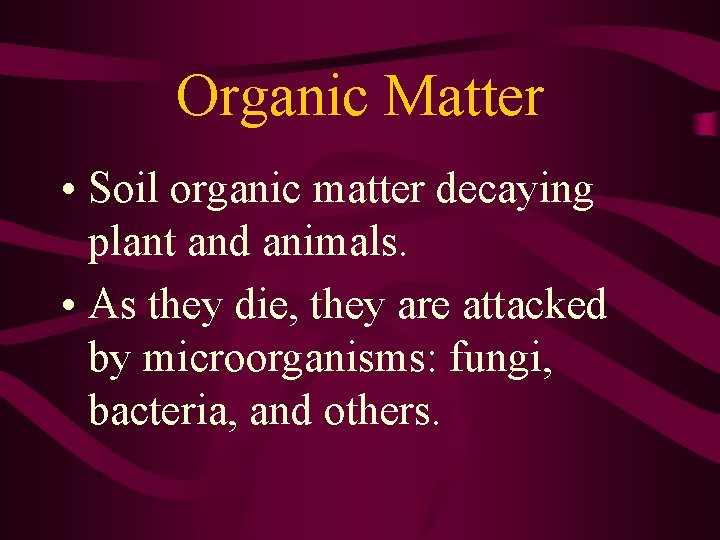 Organic Matter • Soil organic matter decaying plant and animals. • As they die, Organic Matter • Soil organic matter decaying plant and animals. • As they die,
