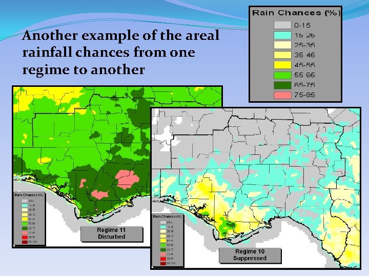 Another example of the areal rainfall chances from one regime to another 