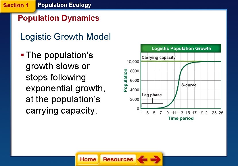 Section 1 Population Ecology Population Dynamics Logistic Growth Model § The population’s growth slows