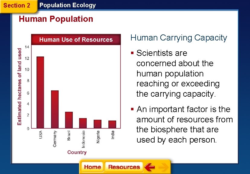 Section 2 Population Ecology Human Population Human Carrying Capacity § Scientists are concerned about