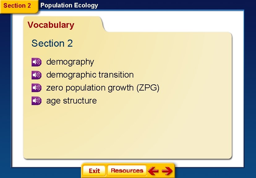 Section 2 Population Ecology Vocabulary Section 2 demography demographic transition zero population growth (ZPG)