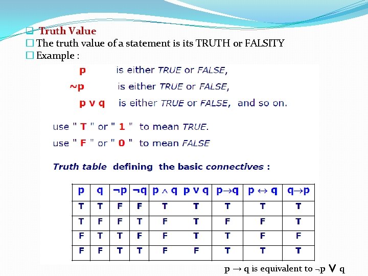 q Truth Value � The truth value of a statement is its TRUTH or q Truth Value � The truth value of a statement is its TRUTH or