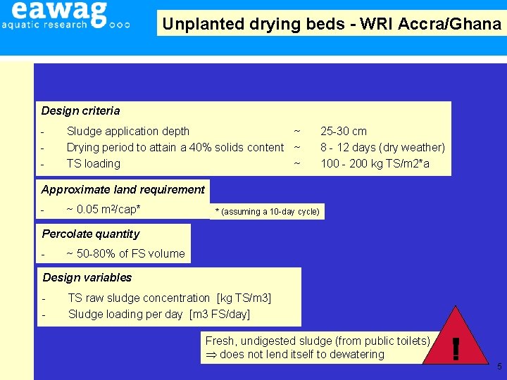 Unplanted drying beds - WRI Accra/Ghana Design criteria - Sludge application depth ~ Drying