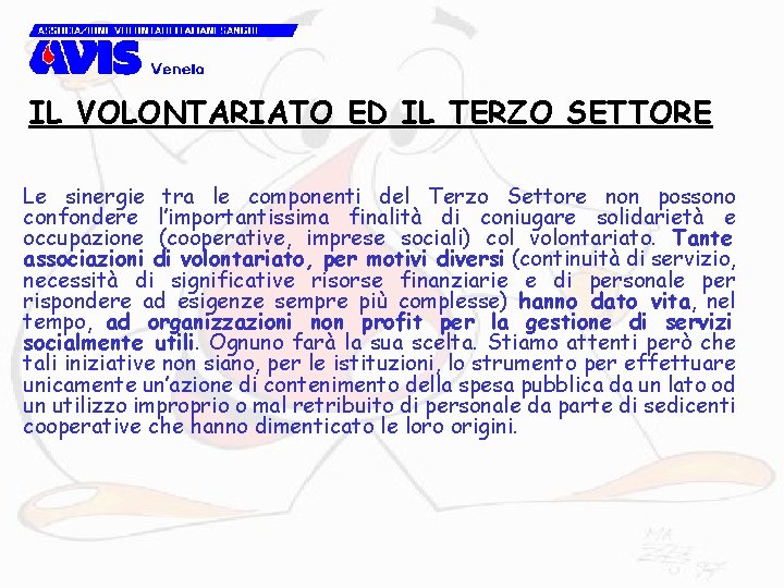 IL VOLONTARIATO ED IL TERZO SETTORE Le sinergie tra le componenti del Terzo Settore