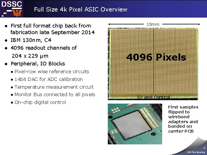 Full Size 4 k Pixel ASIC Overview ● First full format chip back from