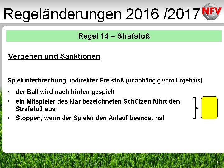 Regeländerungen 2016 /2017 Regel 14 – Strafstoß Vergehen und Sanktionen Spielunterbrechung, indirekter Freistoß (unabhängig Regeländerungen 2016 /2017 Regel 14 – Strafstoß Vergehen und Sanktionen Spielunterbrechung, indirekter Freistoß (unabhängig