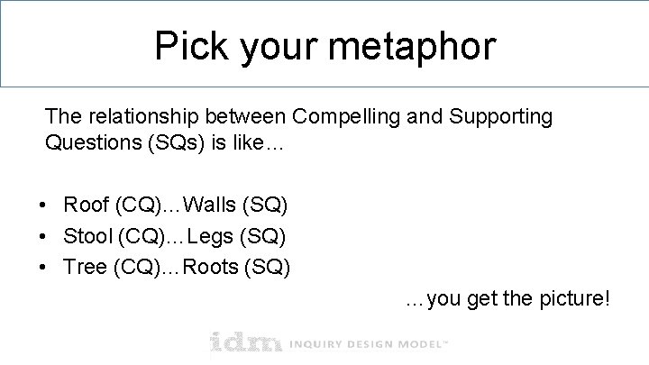 Pick your metaphor The relationship between Compelling and Supporting Questions (SQs) is like… • Pick your metaphor The relationship between Compelling and Supporting Questions (SQs) is like… •