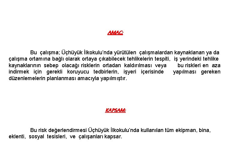 AMAÇ: Bu çalışma; Üçhüyük İlkokulu’nda yürütülen çalışmalardan kaynaklanan ya da çalışma ortamına bağlı olarak