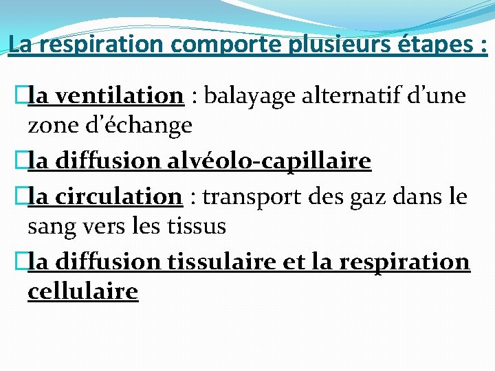 La respiration comporte plusieurs étapes : �la ventilation : balayage alternatif d’une zone d’échange La respiration comporte plusieurs étapes : �la ventilation : balayage alternatif d’une zone d’échange