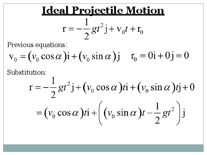 Ideal Projectile Motion Previous equations: Substitution: 