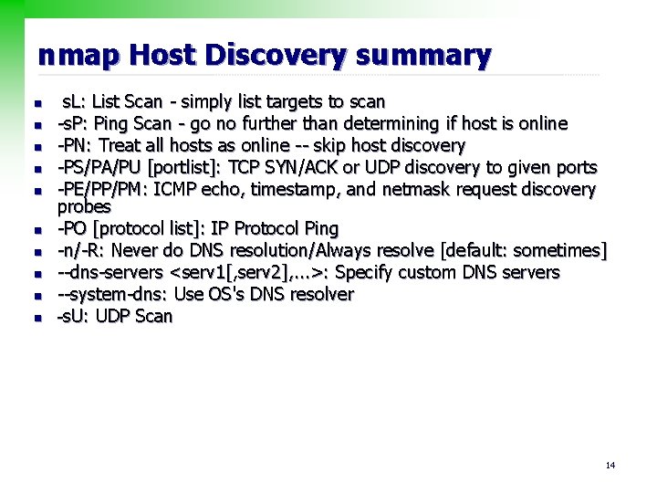 nmap Host Discovery summary n n n n n s. L: List Scan -