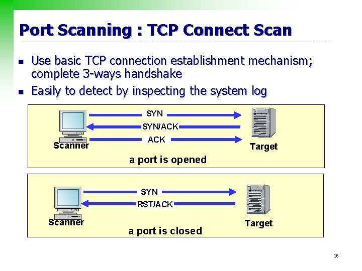 Port Scanning : TCP Connect Scan n n Use basic TCP connection establishment mechanism;