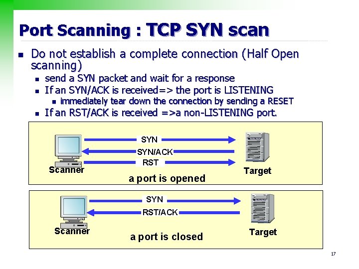 Port Scanning : TCP SYN scan n Do not establish a complete connection (Half