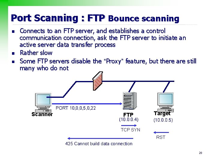 Port Scanning : FTP Bounce scanning n n n Connects to an FTP server,