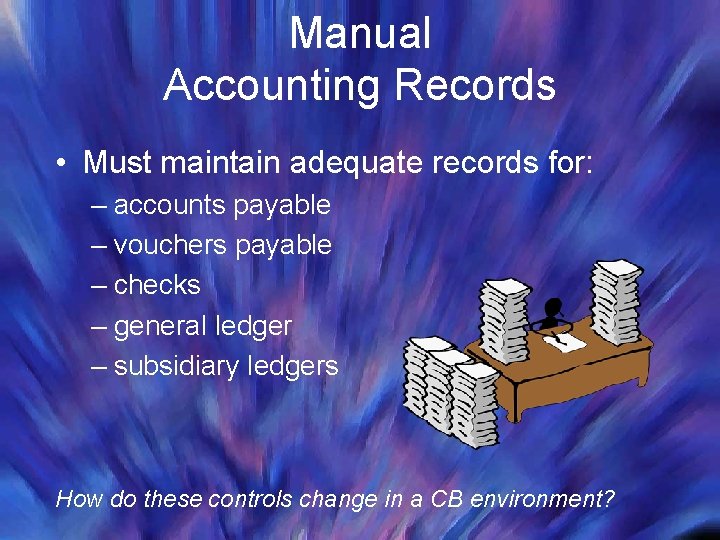 Manual Accounting Records • Must maintain adequate records for: – accounts payable – vouchers Manual Accounting Records • Must maintain adequate records for: – accounts payable – vouchers