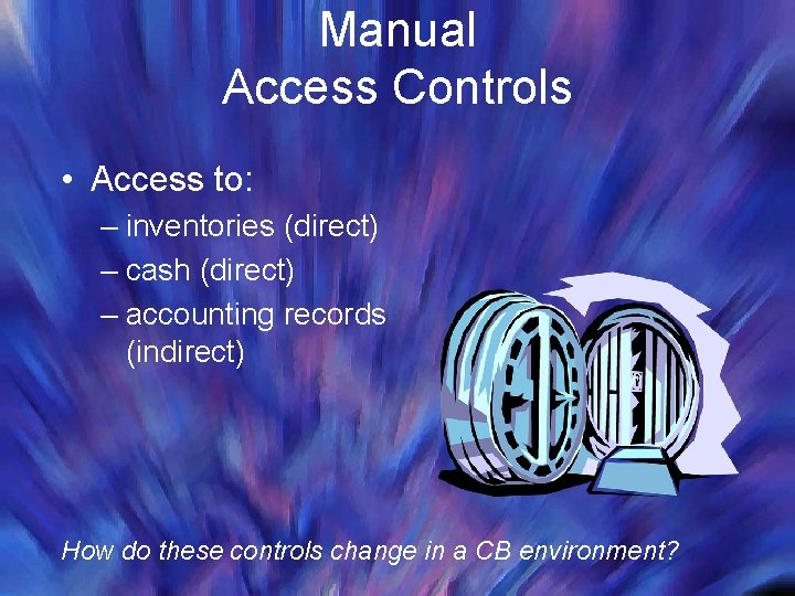 Manual Access Controls • Access to: – inventories (direct) – cash (direct) – accounting Manual Access Controls • Access to: – inventories (direct) – cash (direct) – accounting