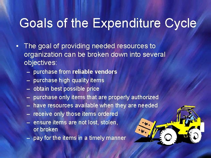 Goals of the Expenditure Cycle • The goal of providing needed resources to organization Goals of the Expenditure Cycle • The goal of providing needed resources to organization
