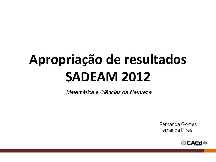 Apropriação de resultados SADEAM 2012 Matemática e Ciências da Natureza Fernanda Gomes Fernanda Pires