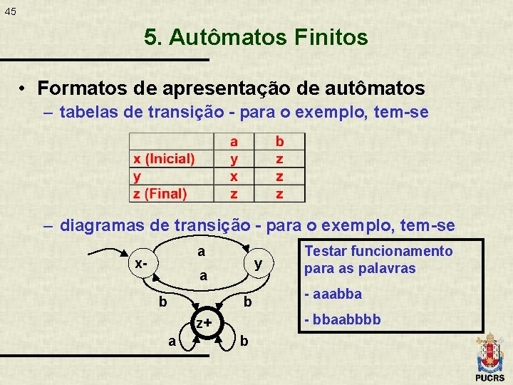 45 5. Autômatos Finitos • Formatos de apresentação de autômatos – tabelas de transição