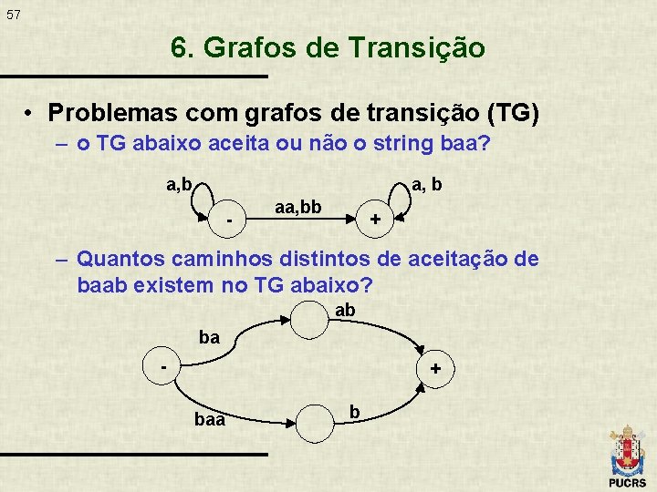 57 6. Grafos de Transição • Problemas com grafos de transição (TG) – o