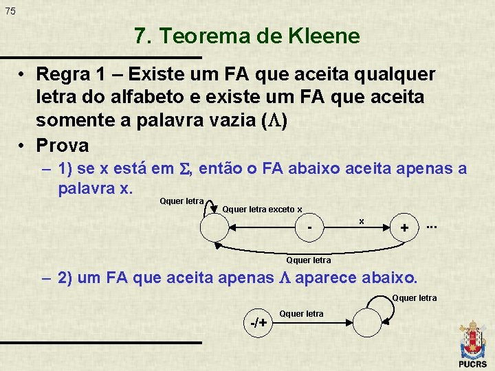 75 7. Teorema de Kleene • Regra 1 – Existe um FA que aceita