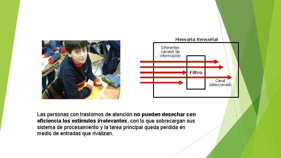 Memoria Sensorial Diferentes canales de información Filtro Canal seleccionado Las personas con trastornos de