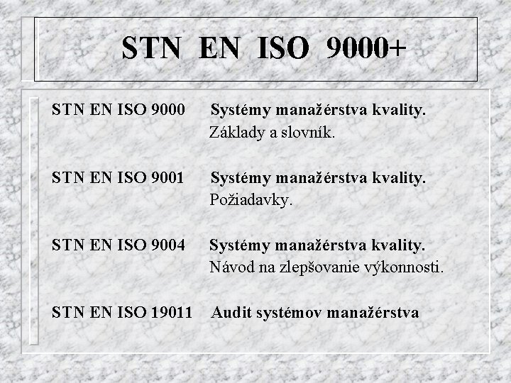 STN EN ISO 9000+ STN EN ISO 9000 Systémy manažérstva kvality. Základy a slovník.