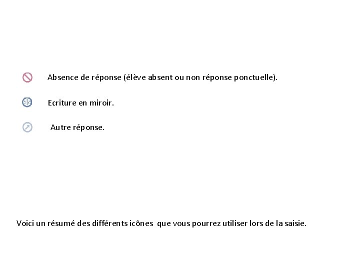 Absence de réponse (élève absent ou non réponse ponctuelle). Ecriture en miroir. Autre réponse.