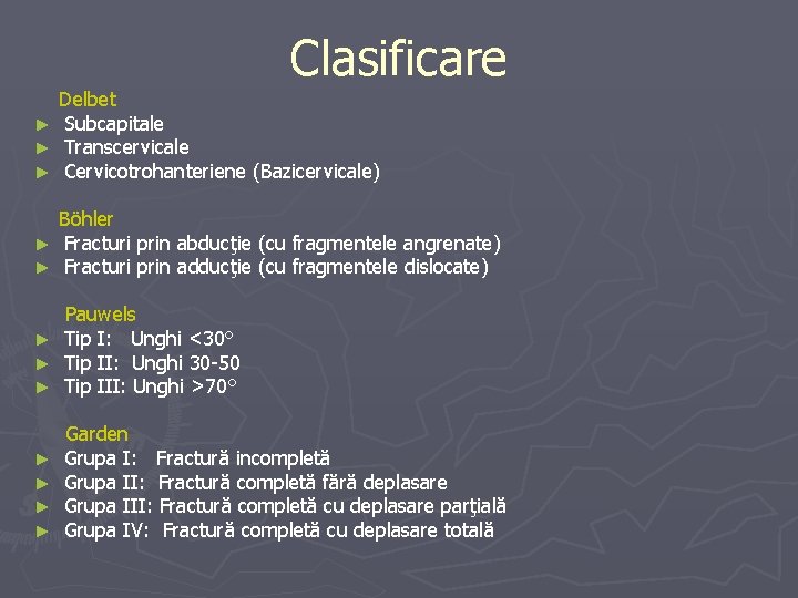 Clasificare Delbet ► Subcapitale ► Transcervicale ► Cervicotrohanteriene (Bazicervicale) Böhler ► Fracturi prin abducţie Clasificare Delbet ► Subcapitale ► Transcervicale ► Cervicotrohanteriene (Bazicervicale) Böhler ► Fracturi prin abducţie