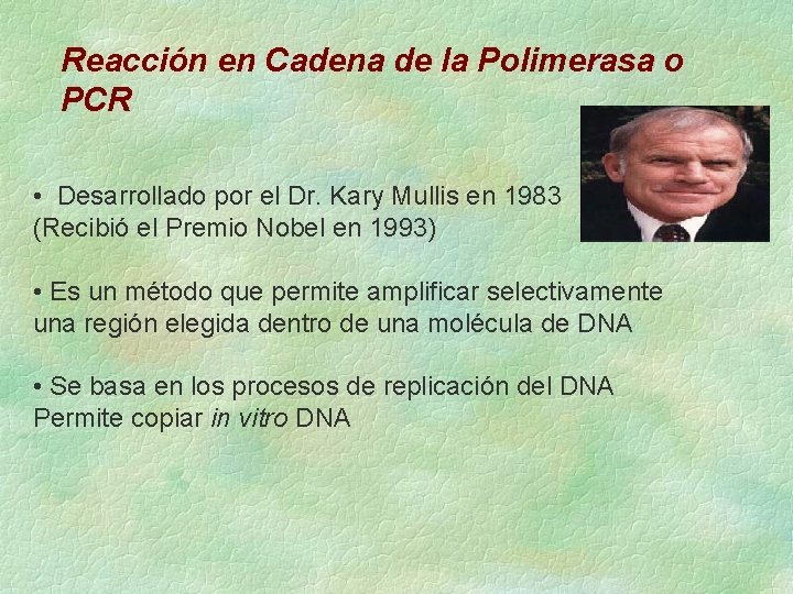 Reacción en Cadena de la Polimerasa o PCR • Desarrollado por el Dr. Kary