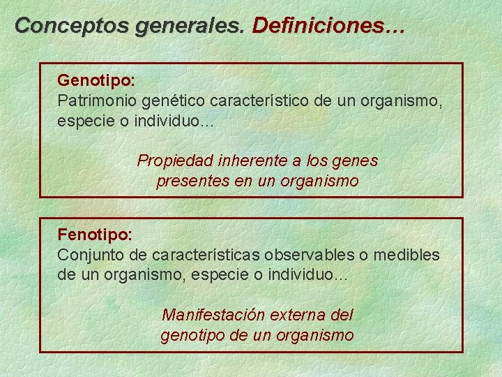 Conceptos generales. Definiciones… Genotipo: Patrimonio genético característico de un organismo, especie o individuo… Propiedad