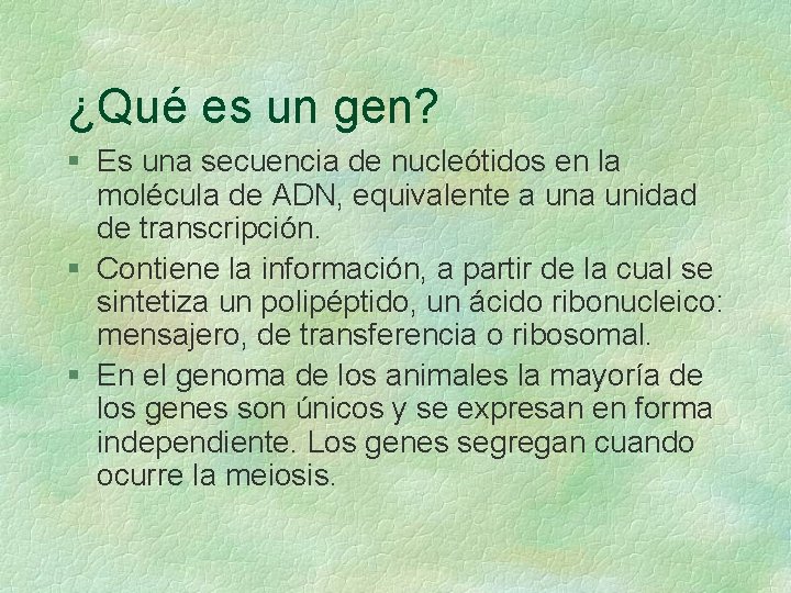 ¿Qué es un gen? § Es una secuencia de nucleótidos en la molécula de