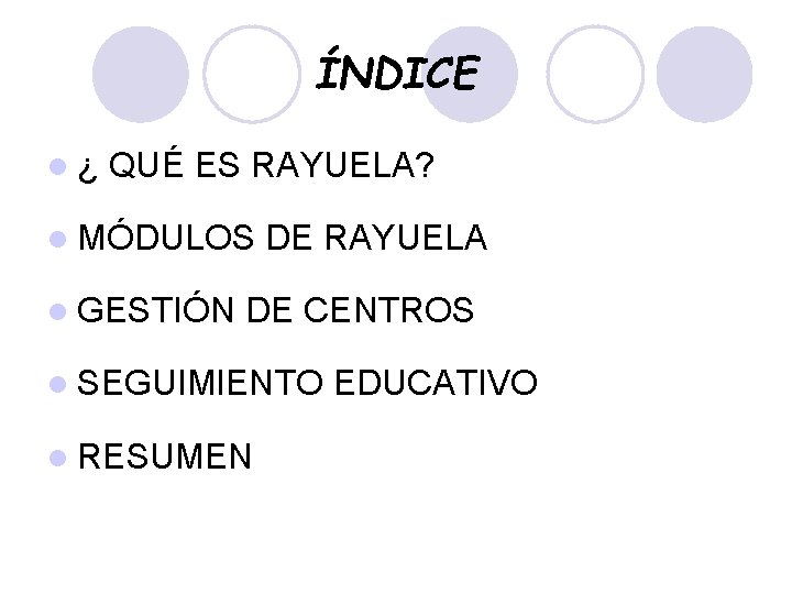 ÍNDICE l¿ QUÉ ES RAYUELA? l MÓDULOS l GESTIÓN DE RAYUELA DE CENTROS l