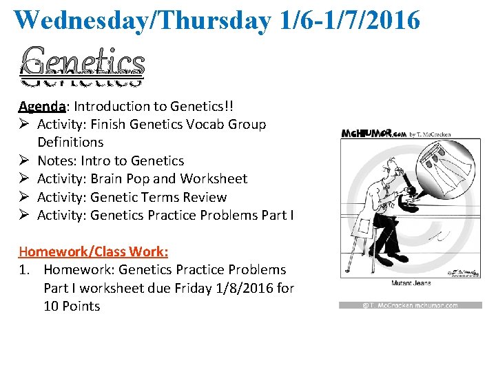 Wednesday/Thursday 1/6 -1/7/2016 Genetics Agenda: Introduction to Genetics!! Ø Activity: Finish Genetics Vocab Group