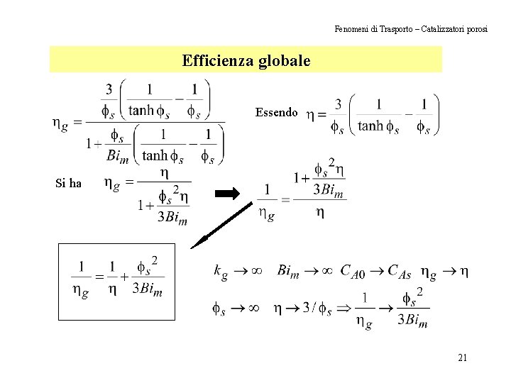 Fenomeni di Trasporto – Catalizzatori porosi Efficienza globale Essendo Si ha 21 