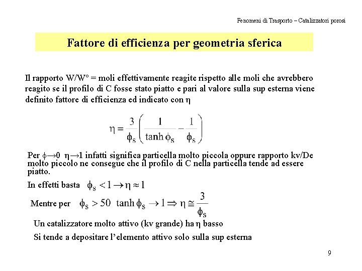 Fenomeni di Trasporto – Catalizzatori porosi Fattore di efficienza per geometria sferica Il rapporto