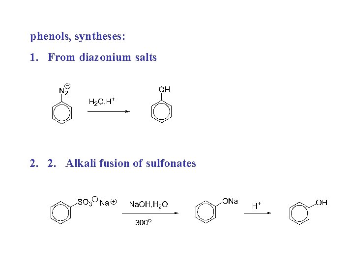 phenols, syntheses: 1. From diazonium salts 2. 2. Alkali fusion of sulfonates 