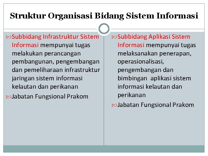 Struktur Organisasi Bidang Sistem Informasi Subbidang Infrastruktur Sistem Informasi mempunyai tugas melakukan perancangan pembangunan,