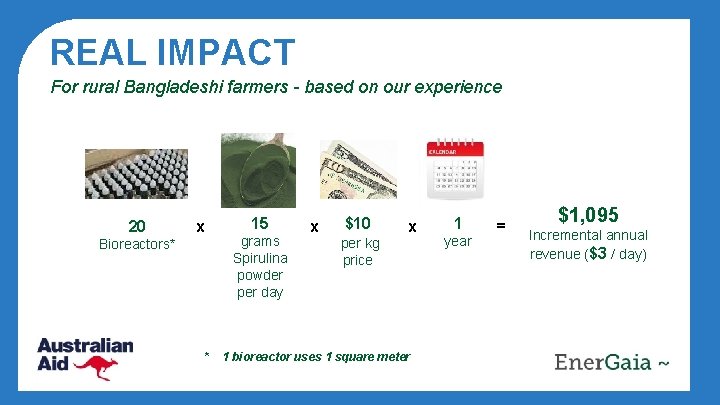 REAL IMPACT For rural Bangladeshi farmers - based on our experience 20 x Bioreactors*