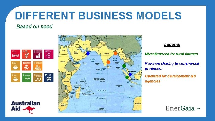 DIFFERENT BUSINESS MODELS Based on need Legend: Microfinanced for rural farmers Revenue sharing to