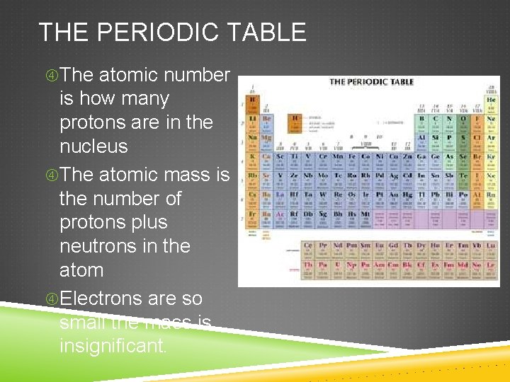 THE PERIODIC TABLE The atomic number is how many protons are in the nucleus