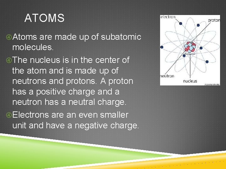 ATOMS Atoms are made up of subatomic molecules. The nucleus is in the center