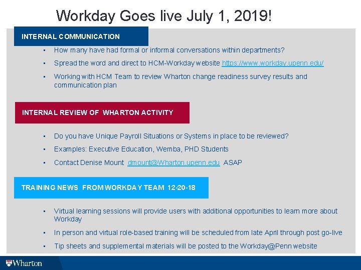  Workday Goes live July 1, 2019! INTERNAL COMMUNICATION • How many have had