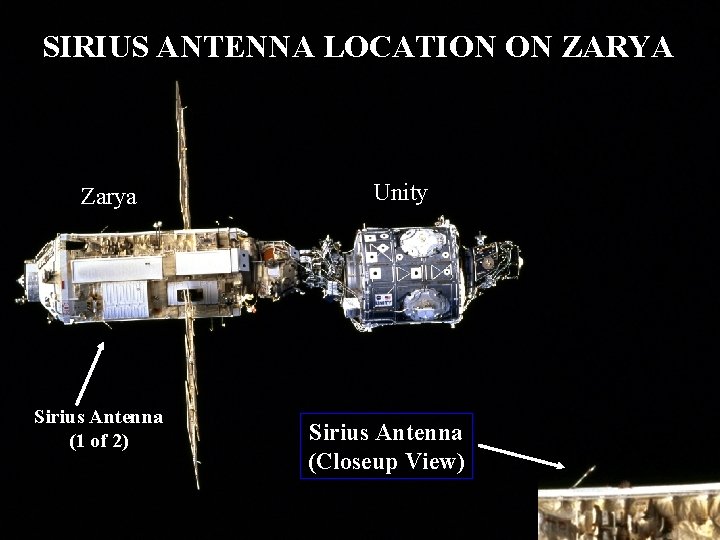 SIRIUS ANTENNA LOCATION ON ZARYA Zarya Sirius Antenna (1 of 2) Unity Sirius Antenna SIRIUS ANTENNA LOCATION ON ZARYA Zarya Sirius Antenna (1 of 2) Unity Sirius Antenna