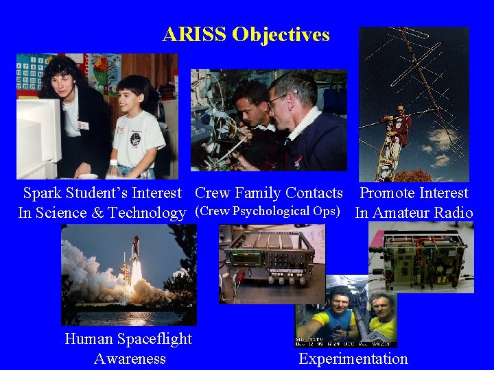ARISS Objectives Spark Student’s Interest Crew Family Contacts Promote Interest In Science & Technology ARISS Objectives Spark Student’s Interest Crew Family Contacts Promote Interest In Science & Technology