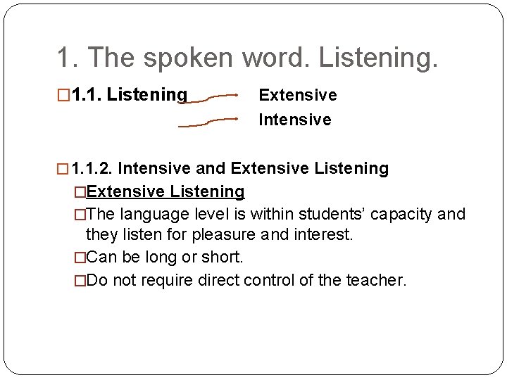 1. The spoken word. Listening. � 1. 1. Listening Extensive Intensive � 1. 1.